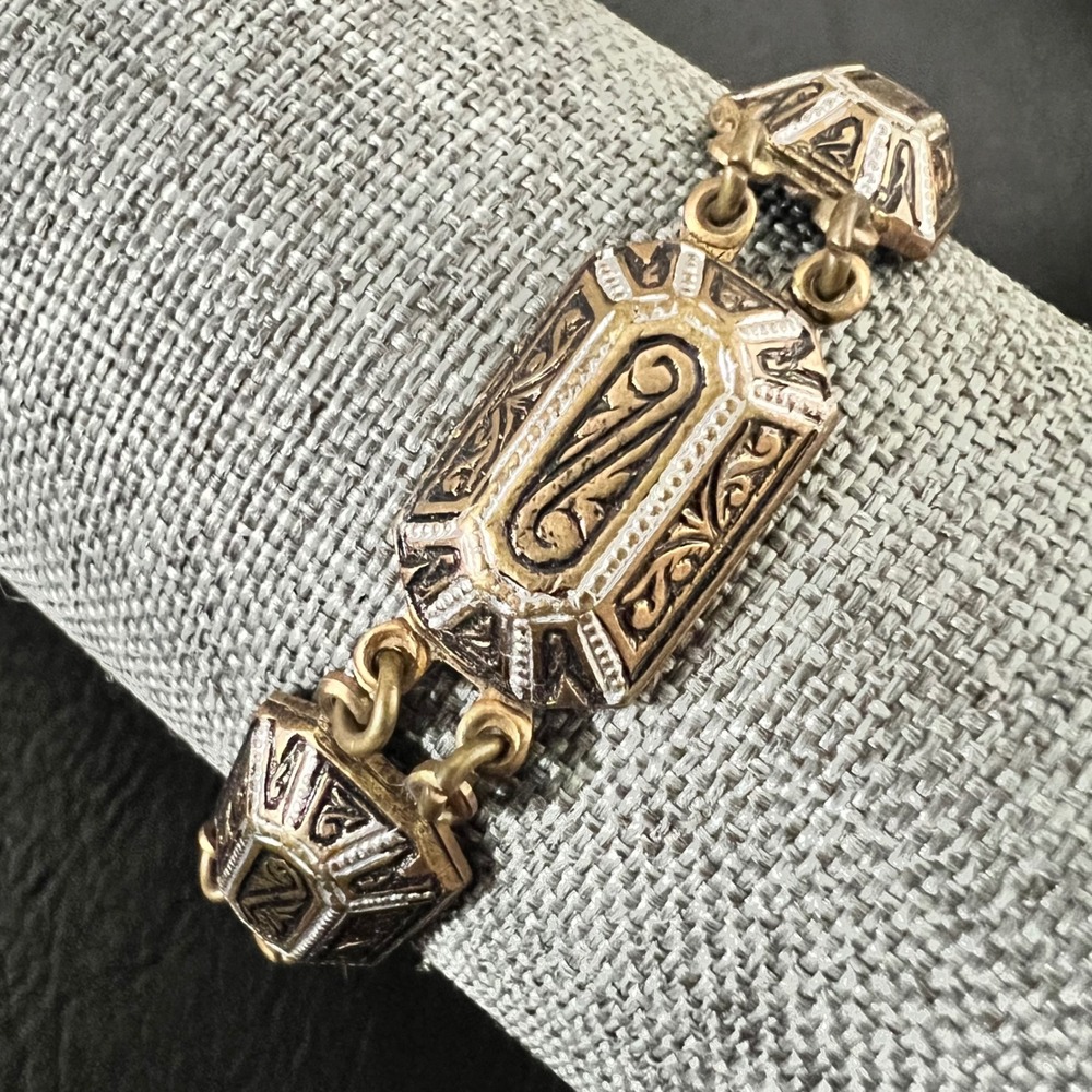 Vintage‎ Spain Link Bracelet Gold Tone Enamel 7.5" Boho 70s Signed